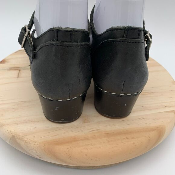 Swedish Hasbeens Toffel Clogs Women 37 US 7 Low Heel Leather Wood Sandals Black - Picture 4 of 8